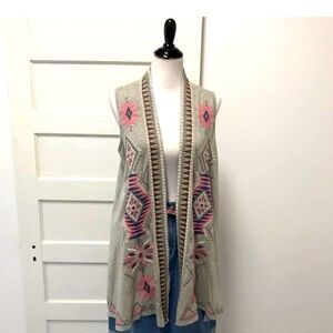 Johnny Was Tierra Embroidered Drape Vest Gray Pink Size M